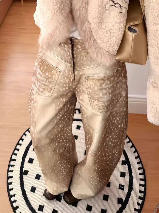 Women's Jeans 2026 Spring Retro E Girl Jeans Color Block Embroidered Distressed Deer Polka Dot Print Wide Leg Floor Length Pants