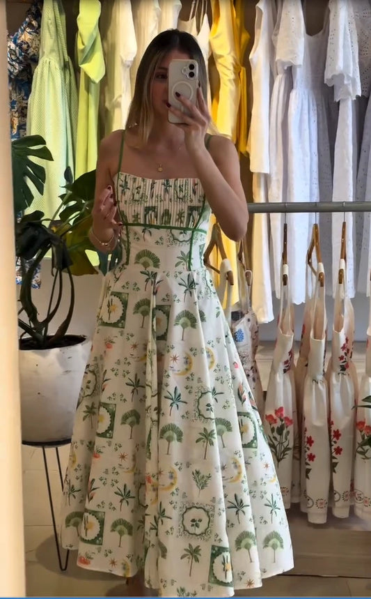 Elegant Floral Print Sleeveless High Waist Swing Midi Dress