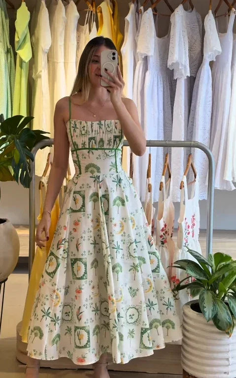 Elegant Floral Print Sleeveless High Waist Swing Midi Dress