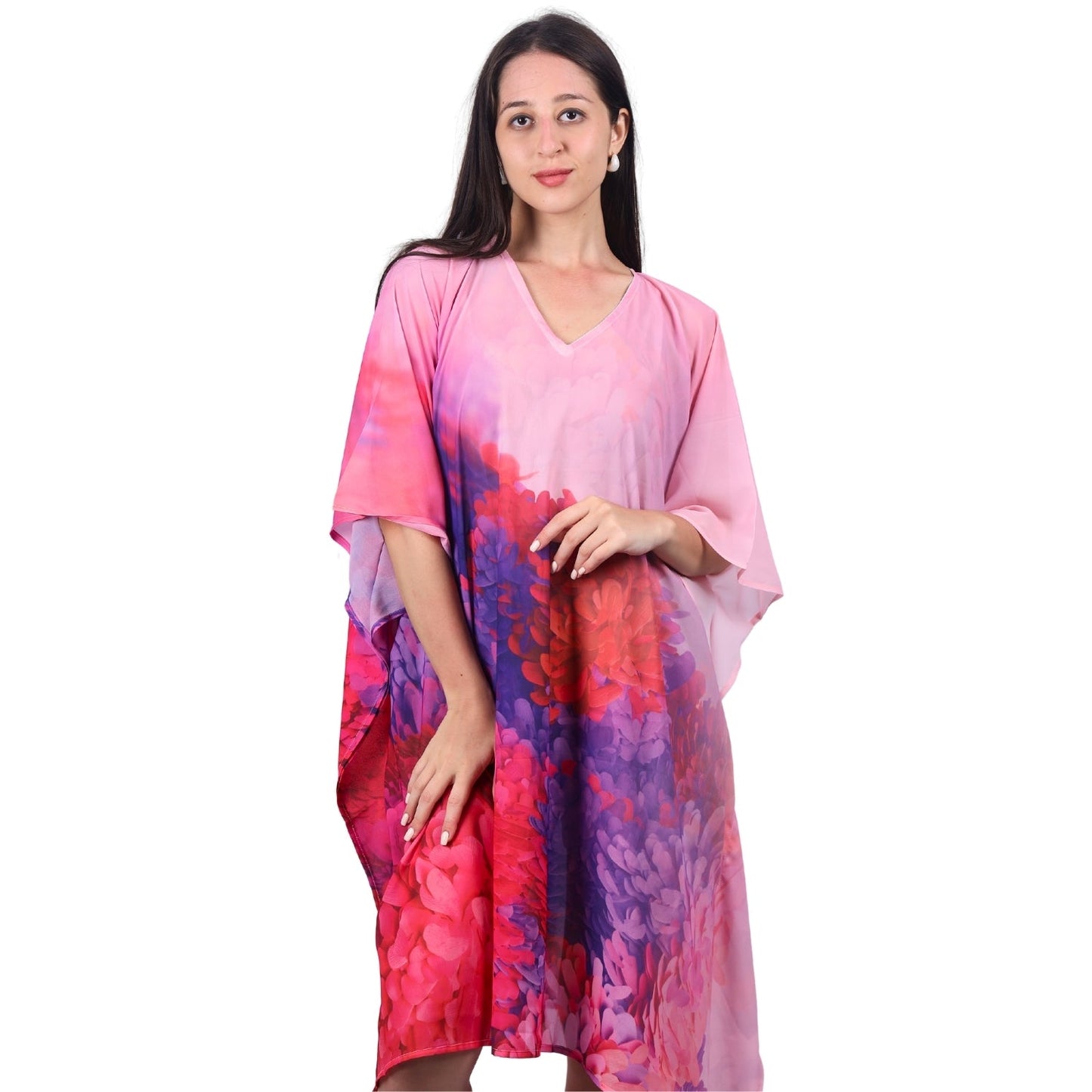 Vibrant Pink and Purple Floral Print Kaftan Dress with V-Neckline | GloFash - FashionZapp.com