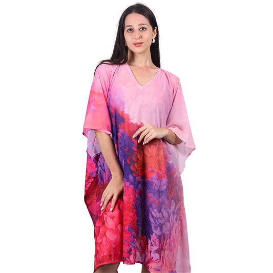 Vibrant Pink and Purple Floral Print Kaftan Dress with V-Neckline | GloFash - FashionZapp.com