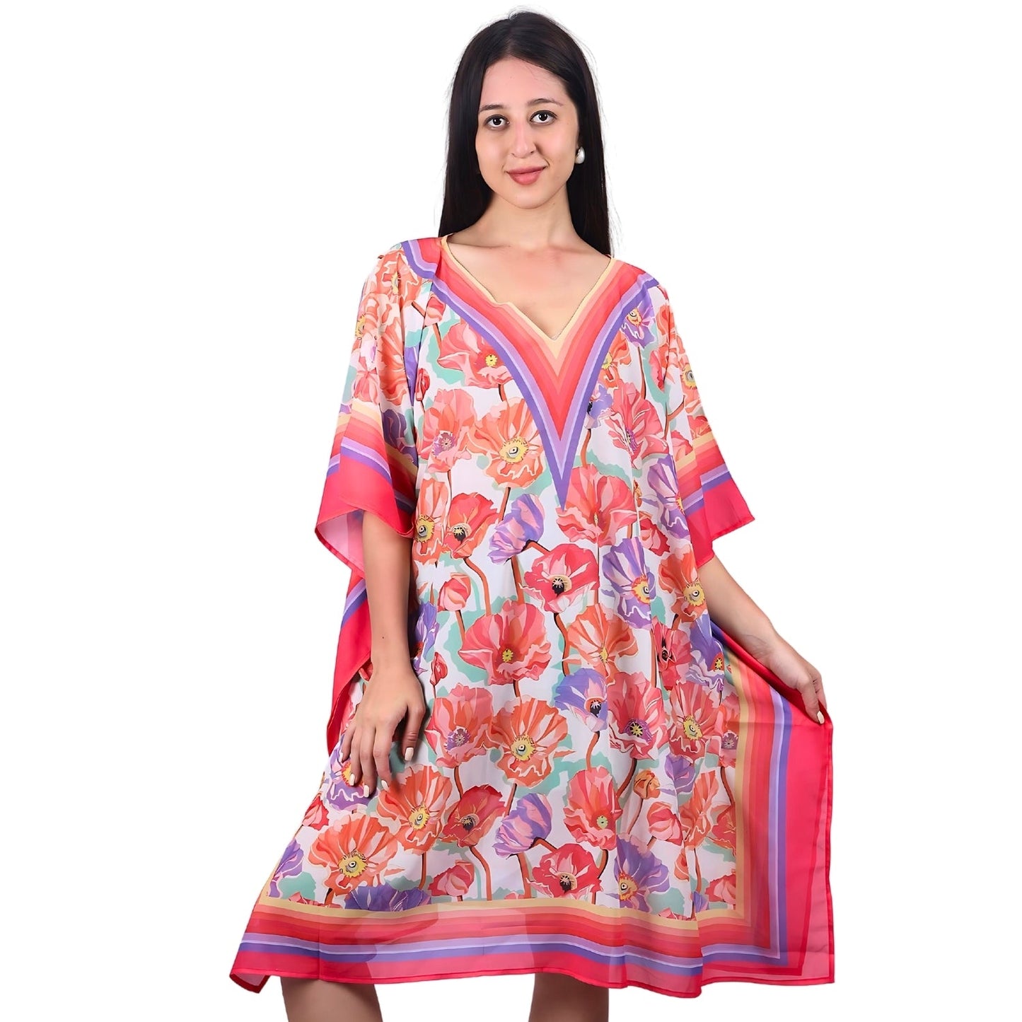 Tropical Poppy V-Neck Kaftan – Colorful Floral Paradise | GloFash - FashionZapp.com
