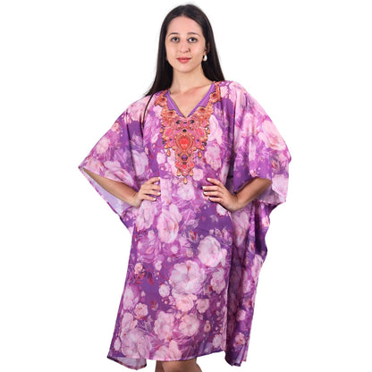 Lavender Bloom Embroidered Kaftan – Floral Elegance with Beaded Neckline | GloFash - FashionZapp.com