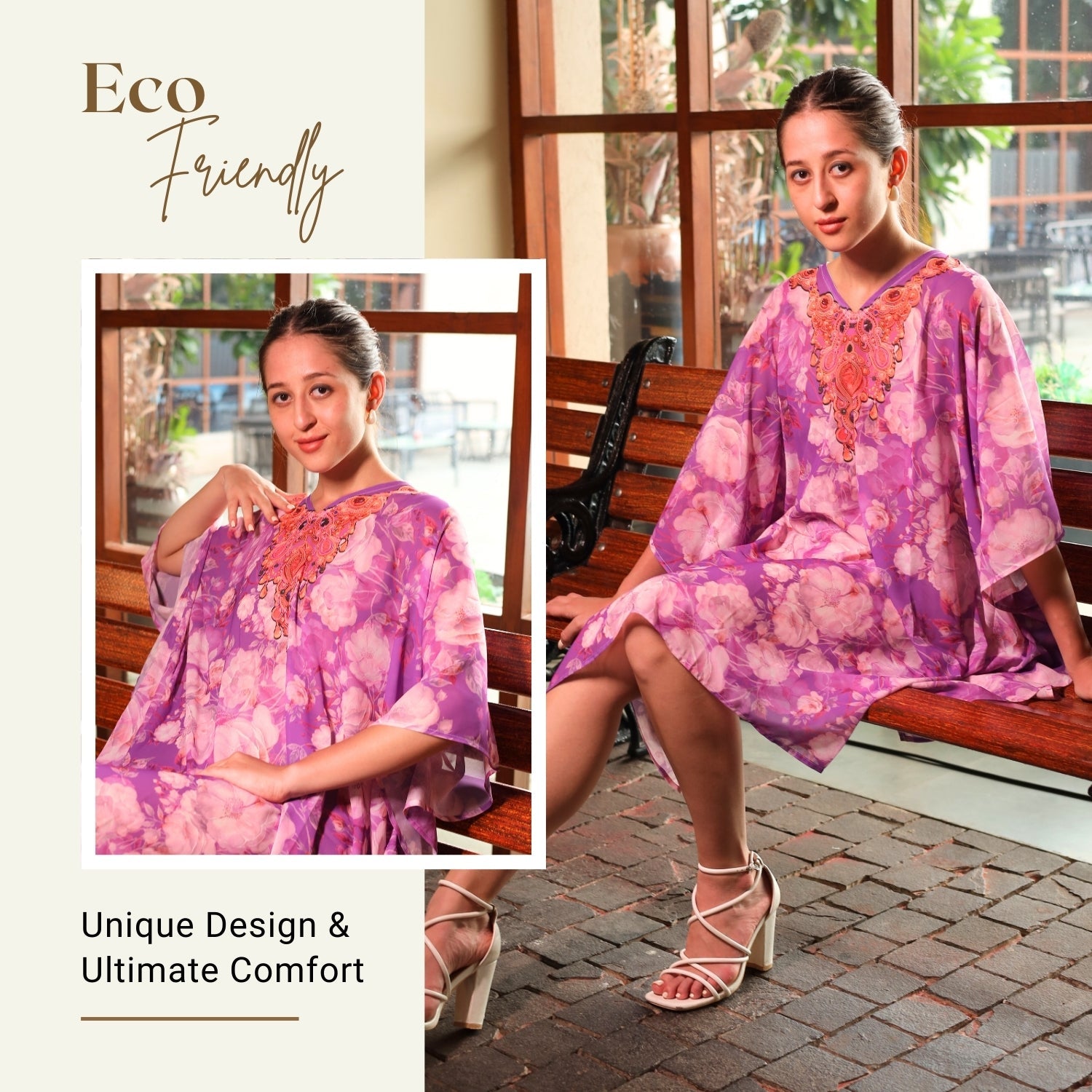 Lavender Bloom Embroidered Kaftan – Floral Elegance with Beaded Neckline | GloFash - FashionZapp.com