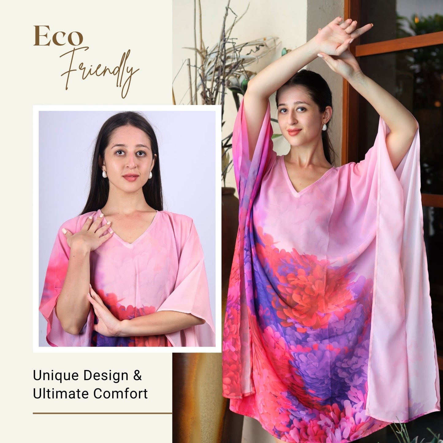 Vibrant Pink and Purple Floral Print Kaftan Dress with V-Neckline | GloFash - FashionZapp.com
