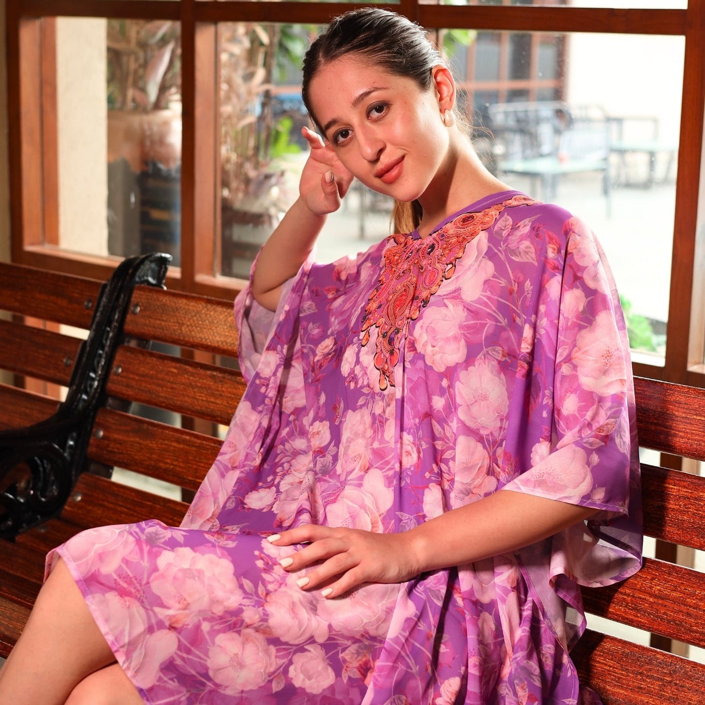 Lavender Bloom Embroidered Kaftan – Floral Elegance with Beaded Neckline | GloFash - FashionZapp.com