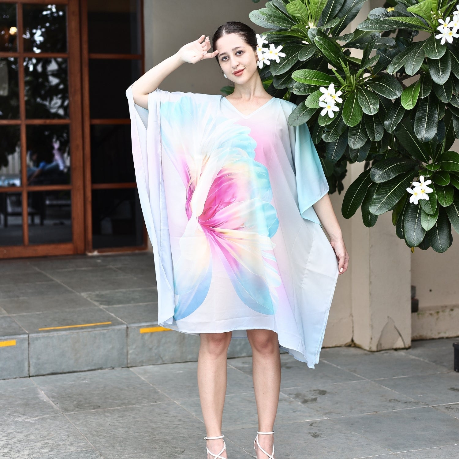 Pastel Abstract Floral Print Kaftan Dress with Batwing Sleeves | GloFash - FashionZapp.com