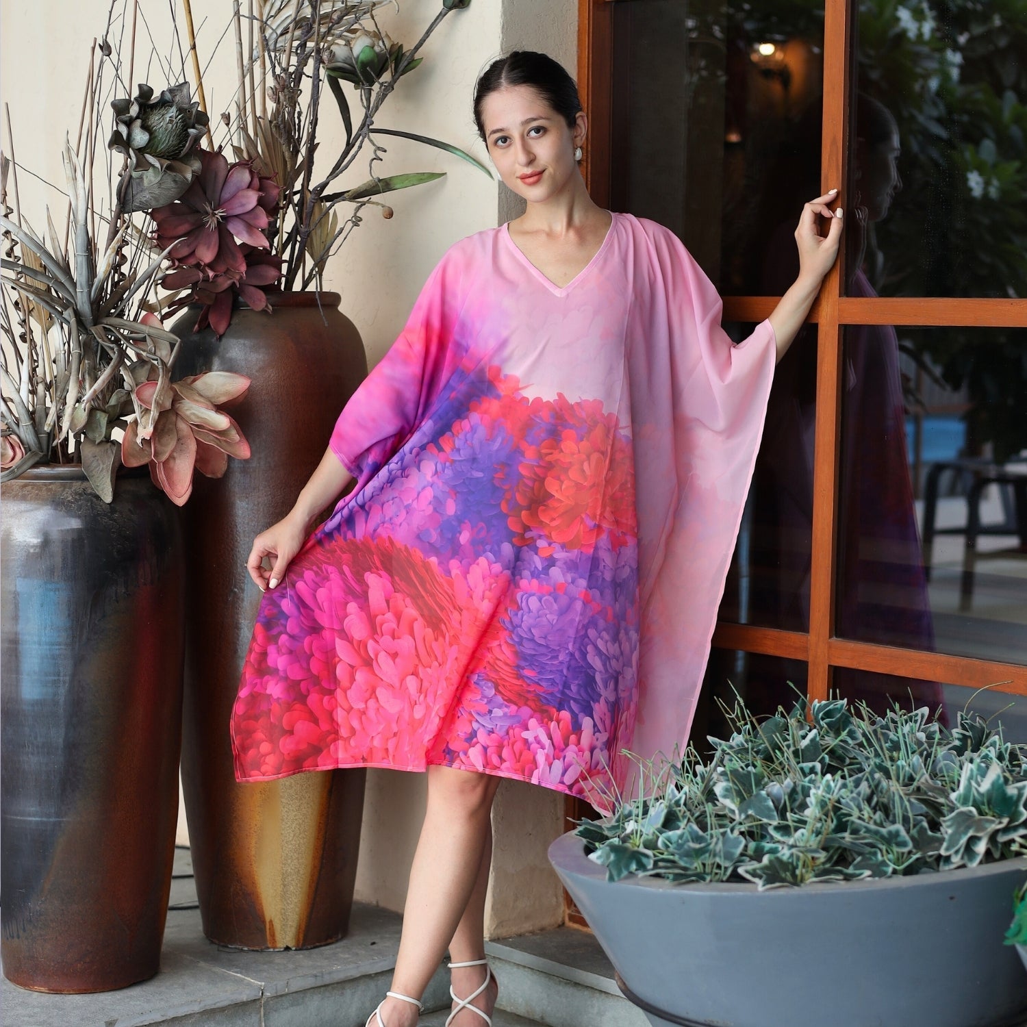 Vibrant Pink and Purple Floral Print Kaftan Dress with V-Neckline | GloFash - FashionZapp.com