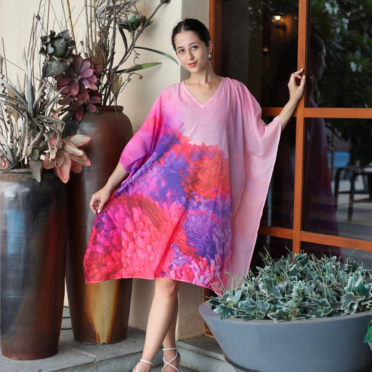 Vibrant Pink and Purple Floral Print Kaftan Dress with V-Neckline | GloFash - FashionZapp.com