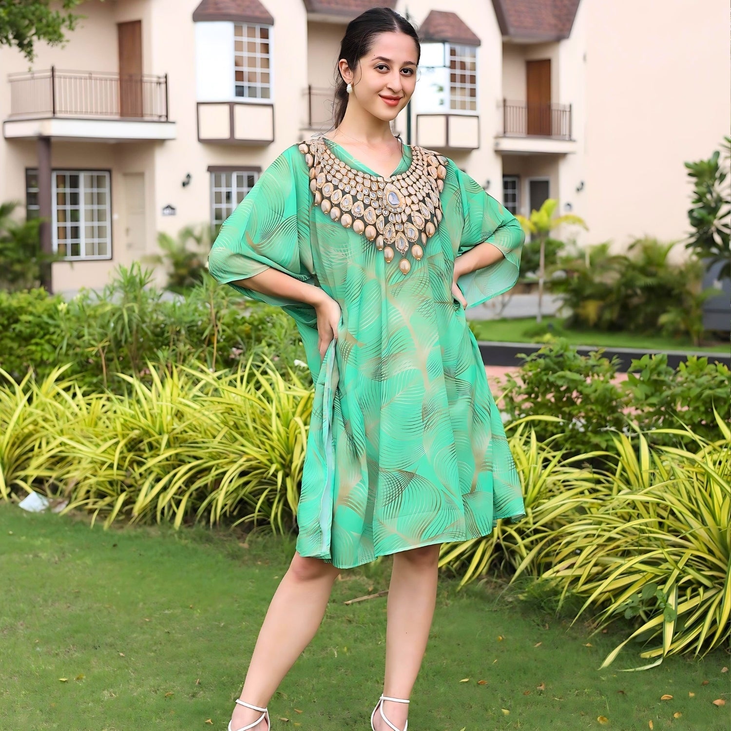 Emerald Oasis Jewel-Print Kaftan Dress | GloFash - FashionZapp.com