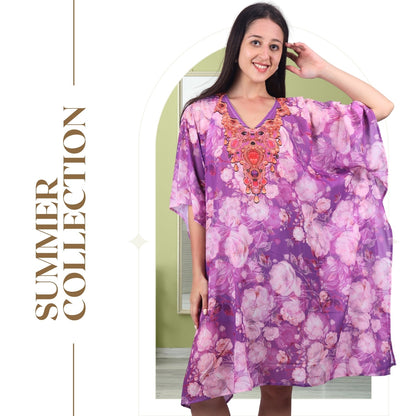 Lavender Bloom Embroidered Kaftan – Floral Elegance with Beaded Neckline | GloFash - FashionZapp.com