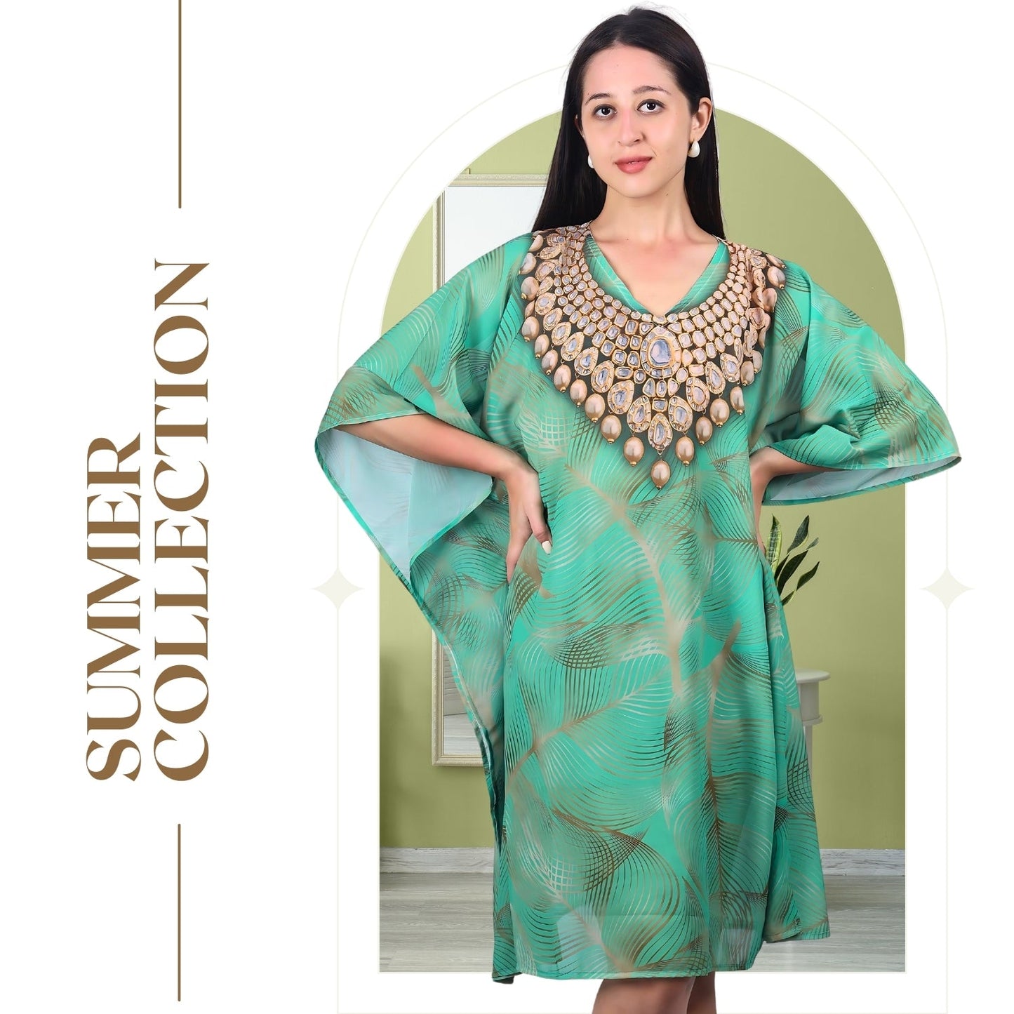 Emerald Oasis Jewel-Print Kaftan Dress | GloFash - FashionZapp.com