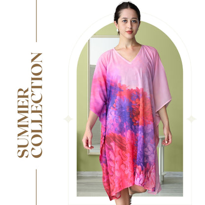 Vibrant Pink and Purple Floral Print Kaftan Dress with V-Neckline | GloFash - FashionZapp.com