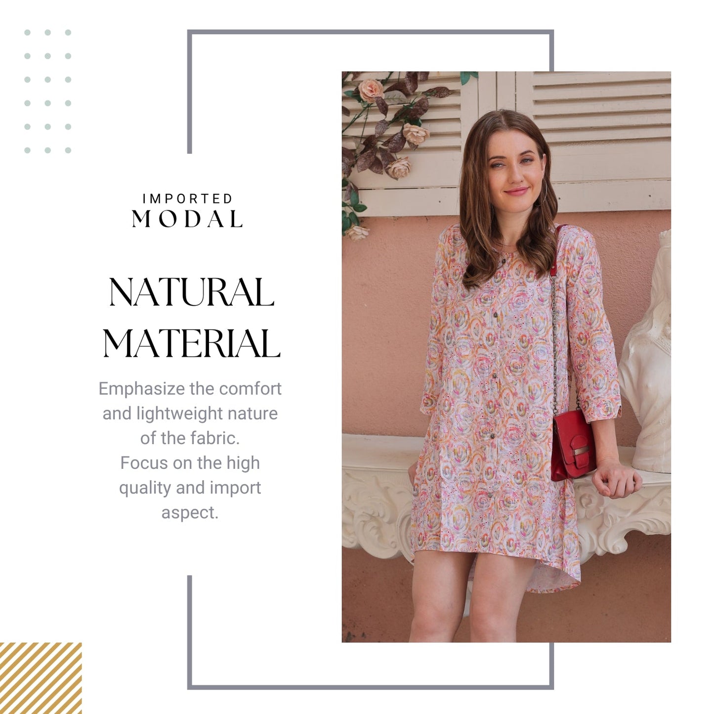 Women's Round Neck Summer Casual 3/4 Sleeve Button-Down Dress