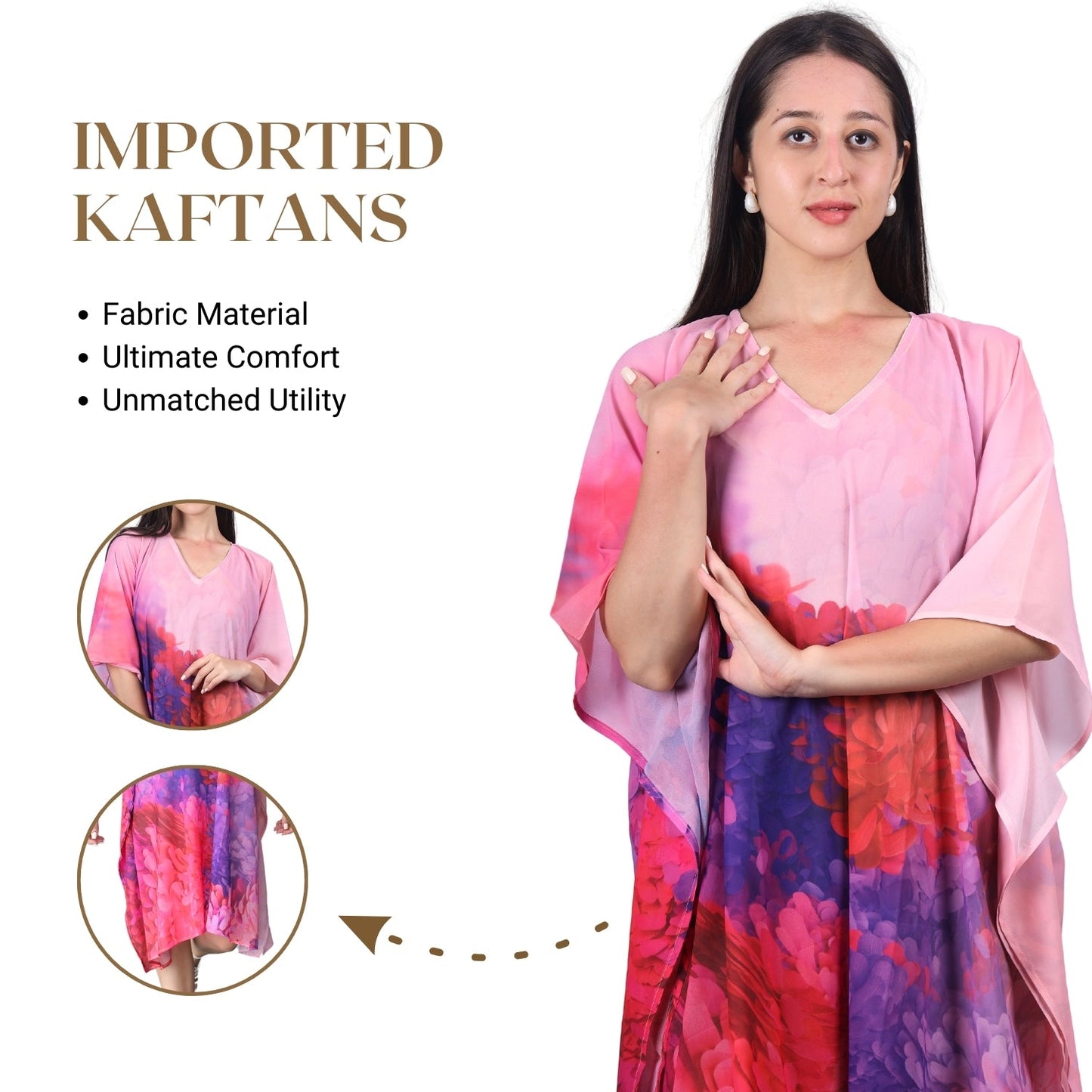 Vibrant Pink and Purple Floral Print Kaftan Dress with V-Neckline | GloFash - FashionZapp.com
