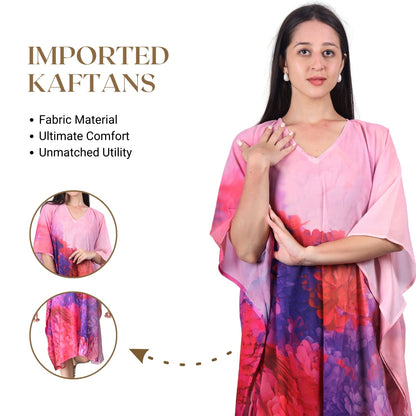 Vibrant Pink and Purple Floral Print Kaftan Dress with V-Neckline | GloFash - FashionZapp.com