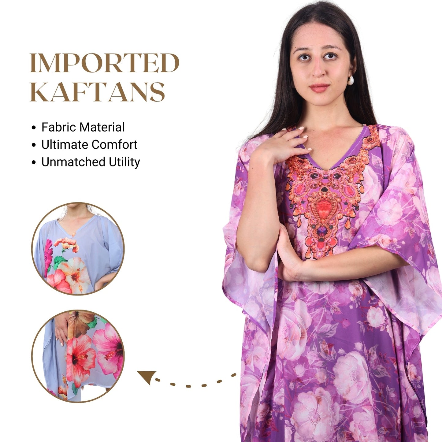 Lavender Bloom Embroidered Kaftan – Floral Elegance with Beaded Neckline | GloFash - FashionZapp.com