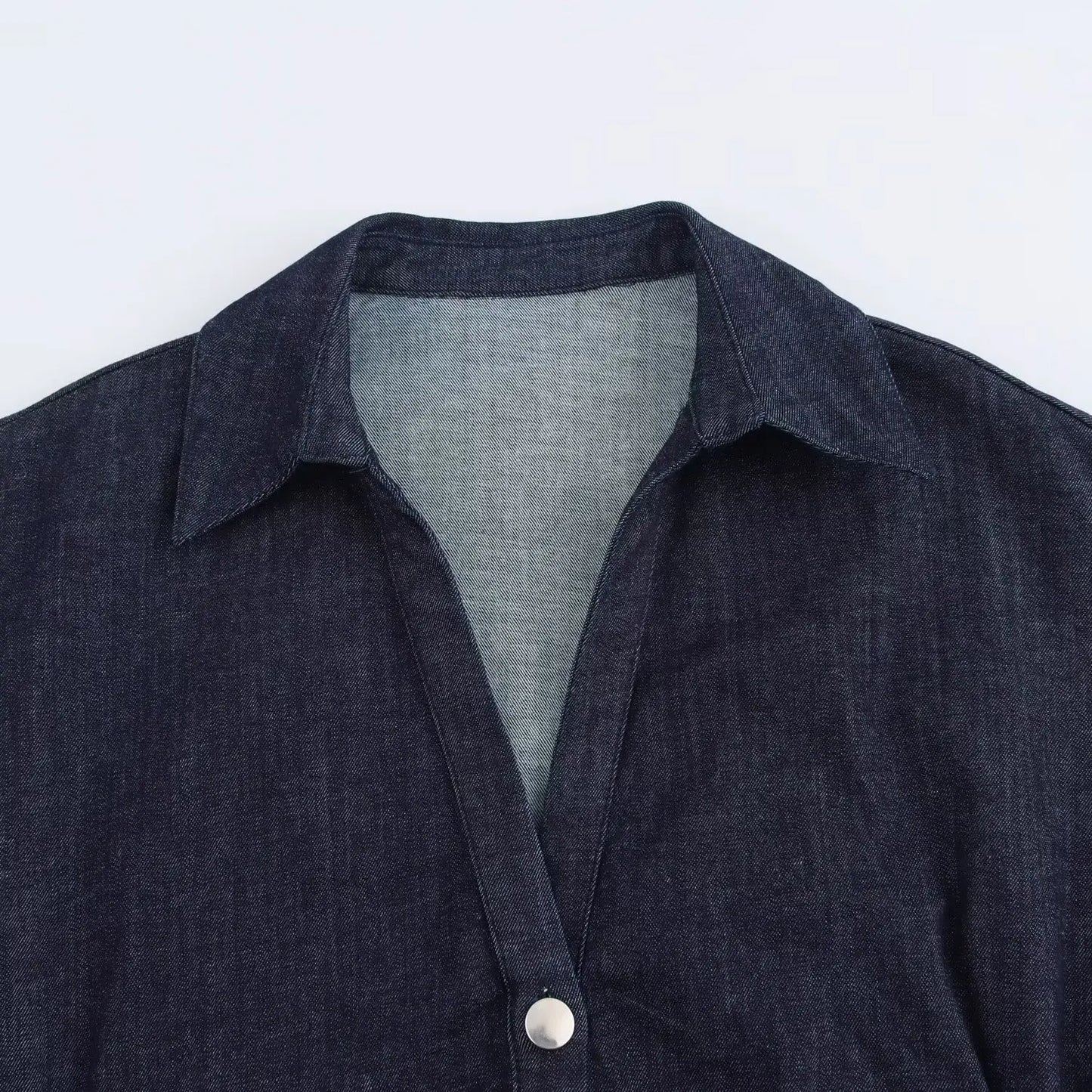 Denim Midi Dress Lapel V-Neck Slim Fit Waist Casual Dress