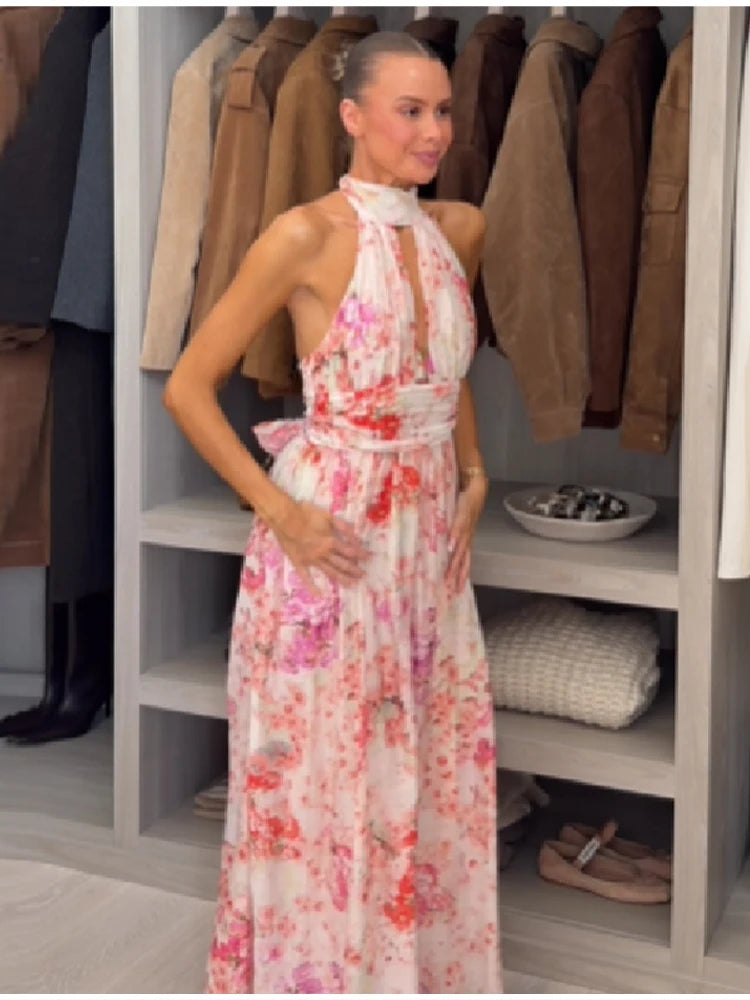 Women's Floral Halter Maxi Dress Sleeveless A-Line Vacation Dress