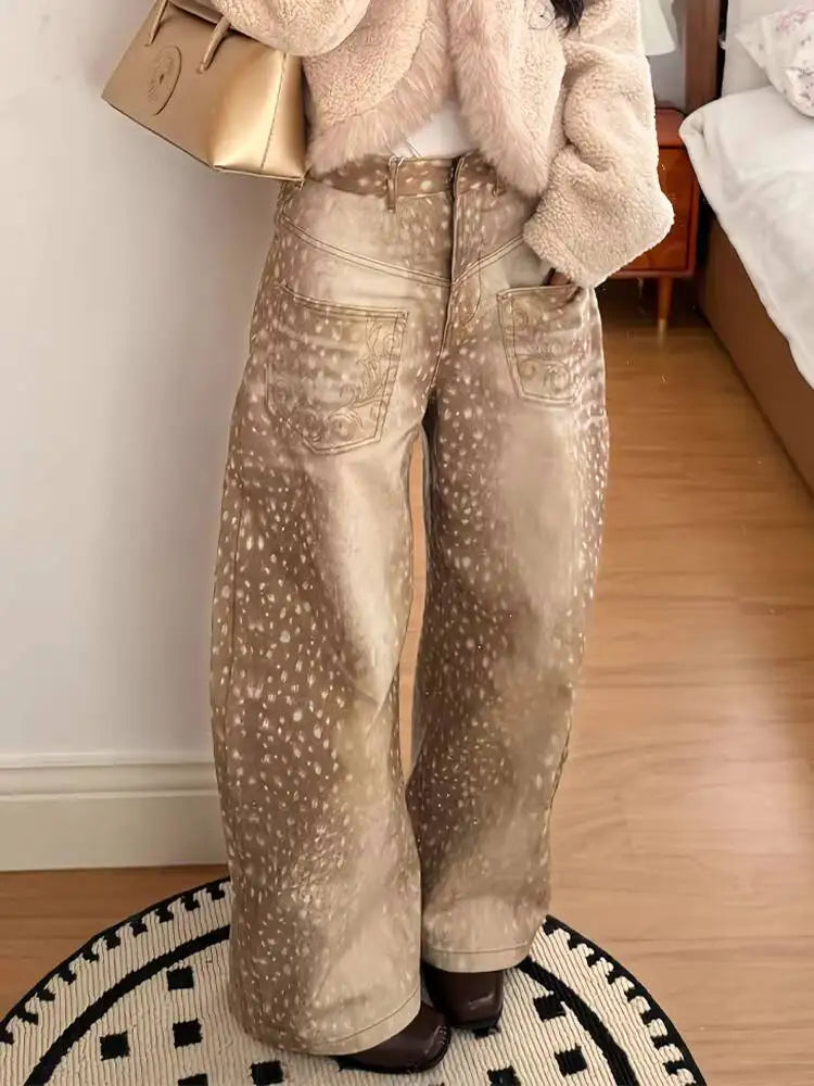 Women's Jeans 2026 Spring Retro E Girl Jeans Color Block Embroidered Distressed Deer Polka Dot Print Wide Leg Floor Length Pants