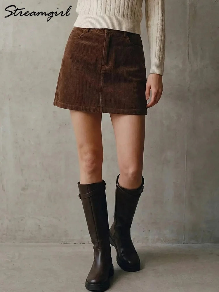 Corduroy A-Line Mini Skirt with Inner Shorts for Women