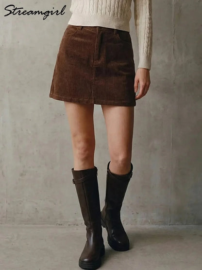 Corduroy A-Line Mini Skirt with Inner Shorts for Women