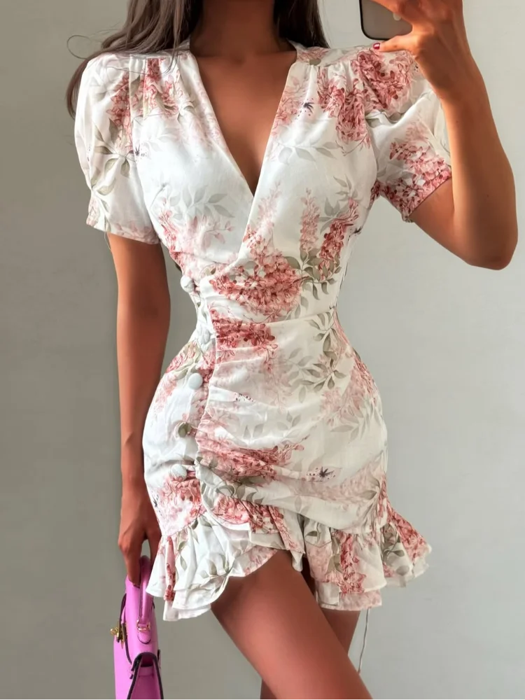 Women's Floral Print V-Neck Mini Dress Flared Sleeve Party Dress