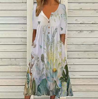 Trendy Printed V-Neck Button Short Sleeve A-Line Midi Dress