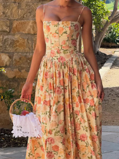 Elegant Floral Print Sleeveless High Waist Swing Midi Dress