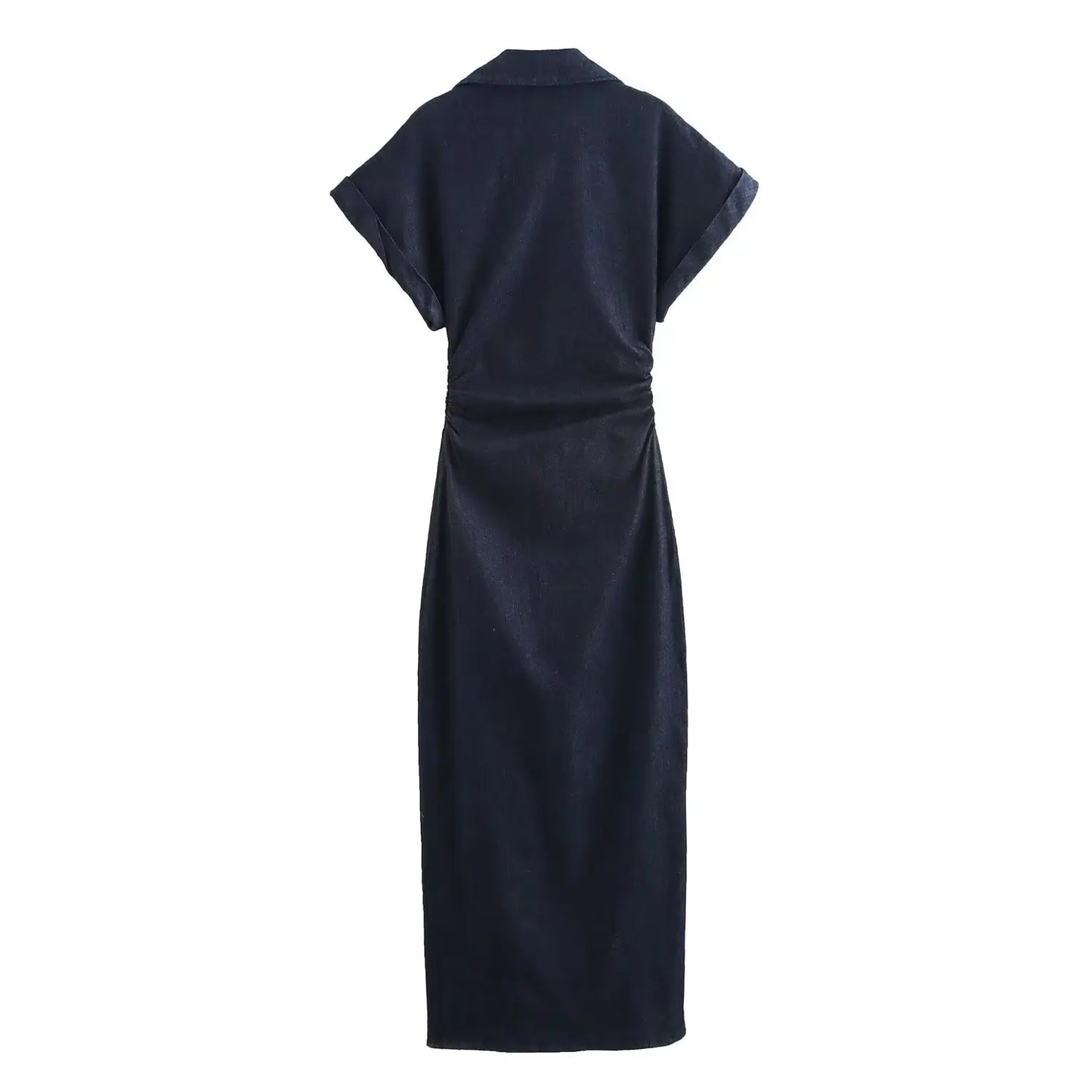 Denim Midi Dress Lapel V-Neck Slim Fit Waist Casual Dress