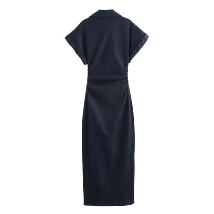 Denim Midi Dress Lapel V-Neck Slim Fit Waist Casual Dress