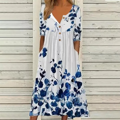 Trendy Printed V-Neck Button Short Sleeve A-Line Midi Dress