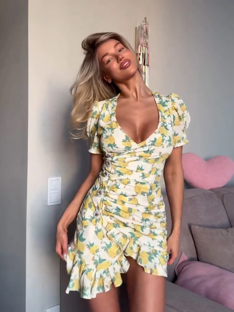 Women's Floral Print V-Neck Mini Dress Flared Sleeve Party Dress