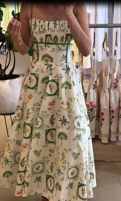 Elegant Floral Print Sleeveless High Waist Swing Midi Dress