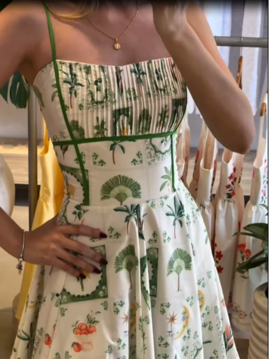 Elegant Floral Print Sleeveless High Waist Swing Midi Dress