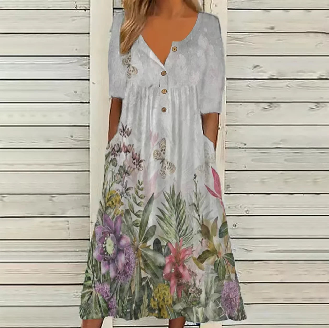 Trendy Printed V-Neck Button Short Sleeve A-Line Midi Dress