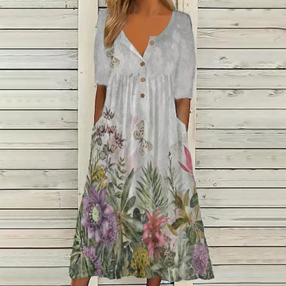 Trendy Printed V-Neck Button Short Sleeve A-Line Midi Dress