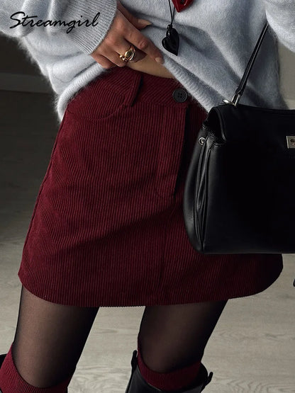 Corduroy A-Line Mini Skirt with Inner Shorts for Women
