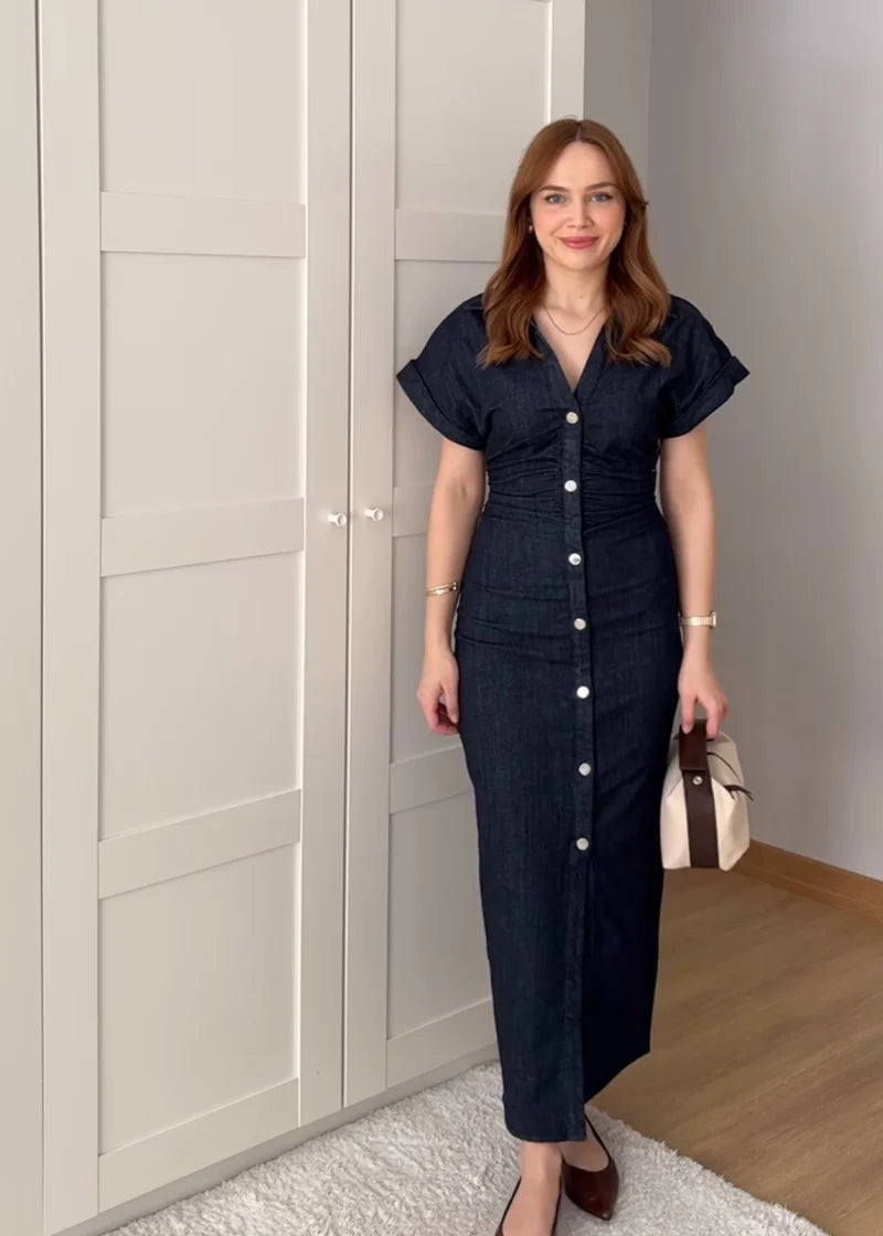 Denim Midi Dress Lapel V-Neck Slim Fit Waist Casual Dress