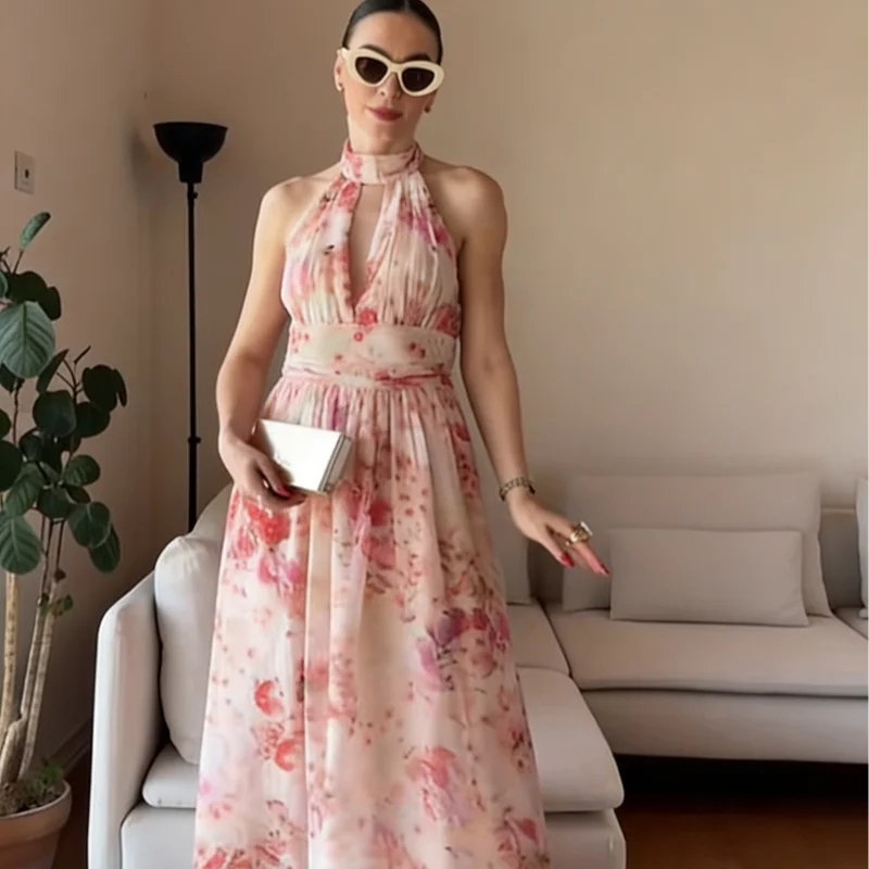 Women's Floral Halter Maxi Dress Sleeveless A-Line Vacation Dress