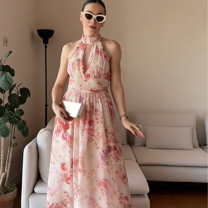 Women's Floral Halter Maxi Dress Sleeveless A-Line Vacation Dress