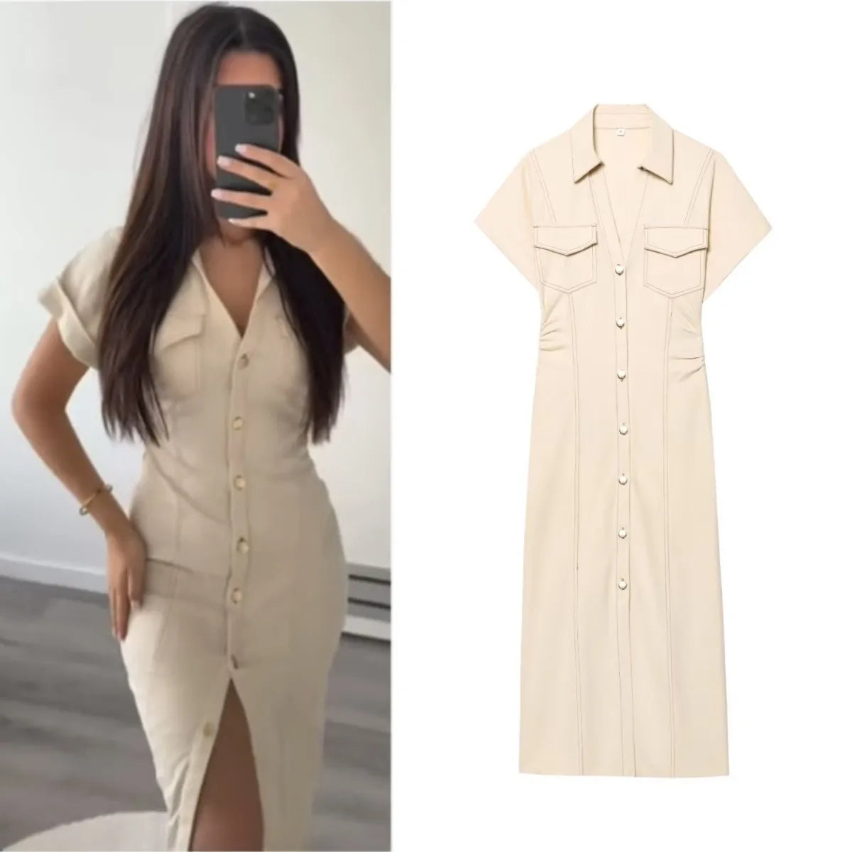 Denim Midi Dress Lapel V-Neck Slim Fit Waist Casual Dress