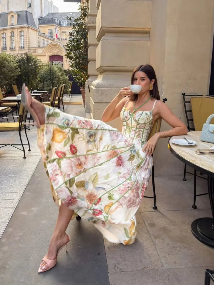 Elegant Floral Print Sleeveless High Waist Swing Midi Dress