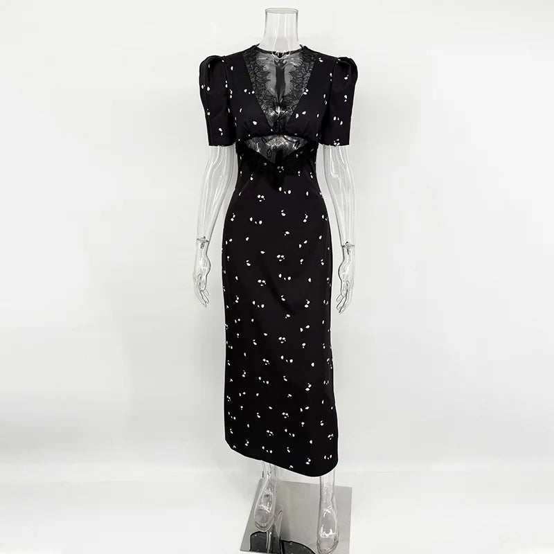 Sexy Lace Patchwork V-Neck Slim Fit High Waist Midi Dress