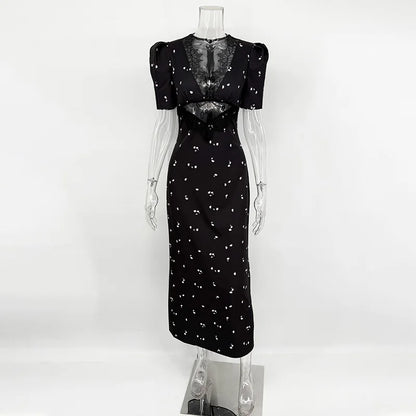 Sexy Lace Patchwork V-Neck Slim Fit High Waist Midi Dress
