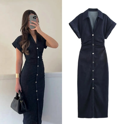 Denim Midi Dress Lapel V-Neck Slim Fit Waist Casual Dress