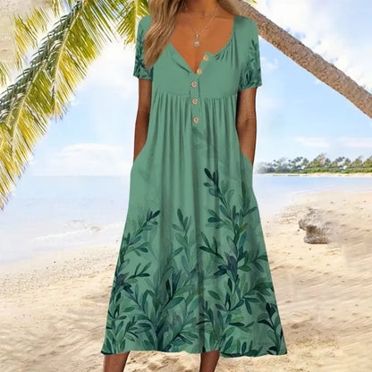 Trendy Printed V-Neck Button Short Sleeve A-Line Midi Dress