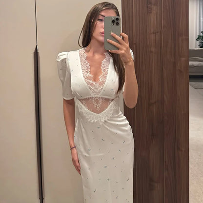 Sexy Lace Patchwork V-Neck Slim Fit High Waist Midi Dress
