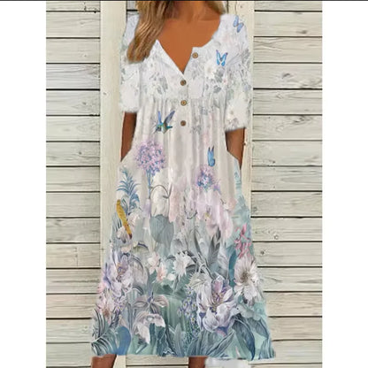 Trendy Printed V-Neck Button Short Sleeve A-Line Midi Dress
