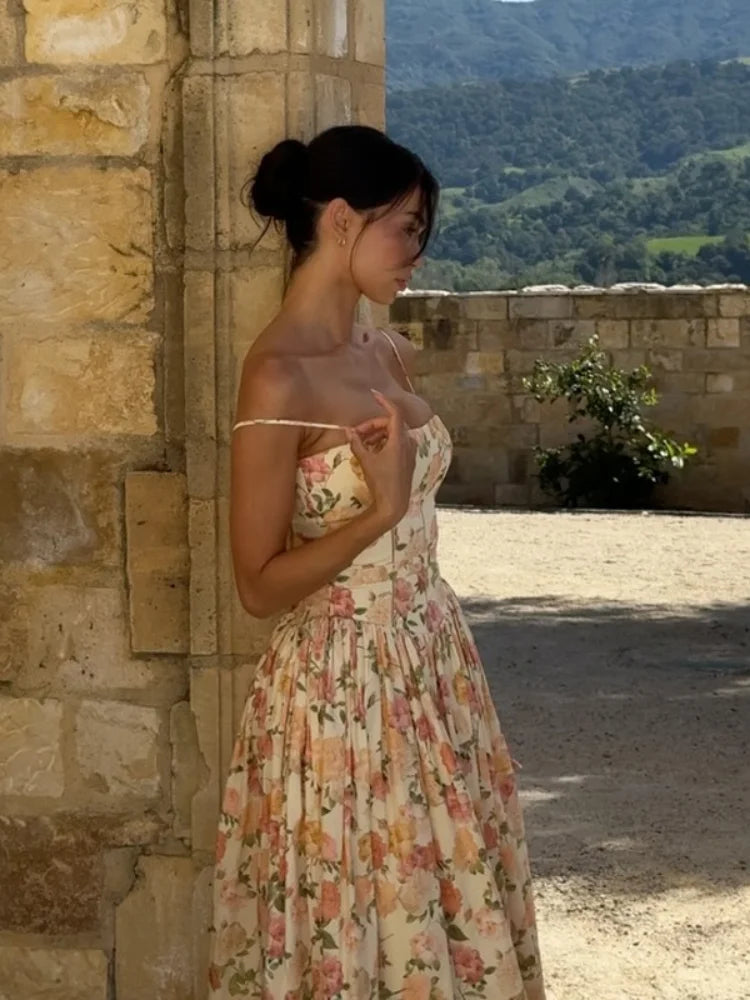 Elegant Floral Print Sleeveless High Waist Swing Midi Dress
